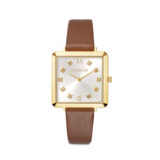 Watch Iconic Square Gold White Sunray Bracelet Leather Classy Brown 7632711116