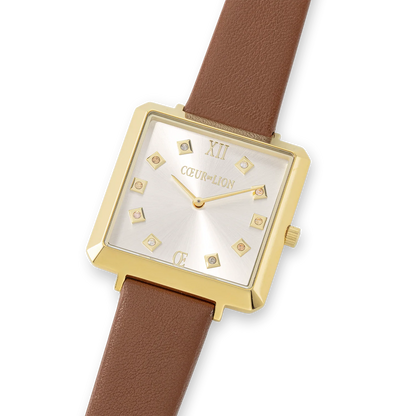 Watch Iconic Square Gold White Sunray Bracelet Leather Classy Brown 7632711116