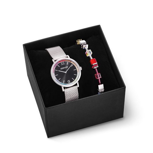 Gift Set Watch Round Sparkling Rainbow Sunray Black & GeoCUBE® Iconic bracelet red-green 7650530305