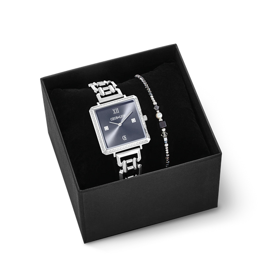 Gift Set Watch Iconic Cube Sparkling Anthracite Attraction & bracelet Square Stripes silver-black 7670531724